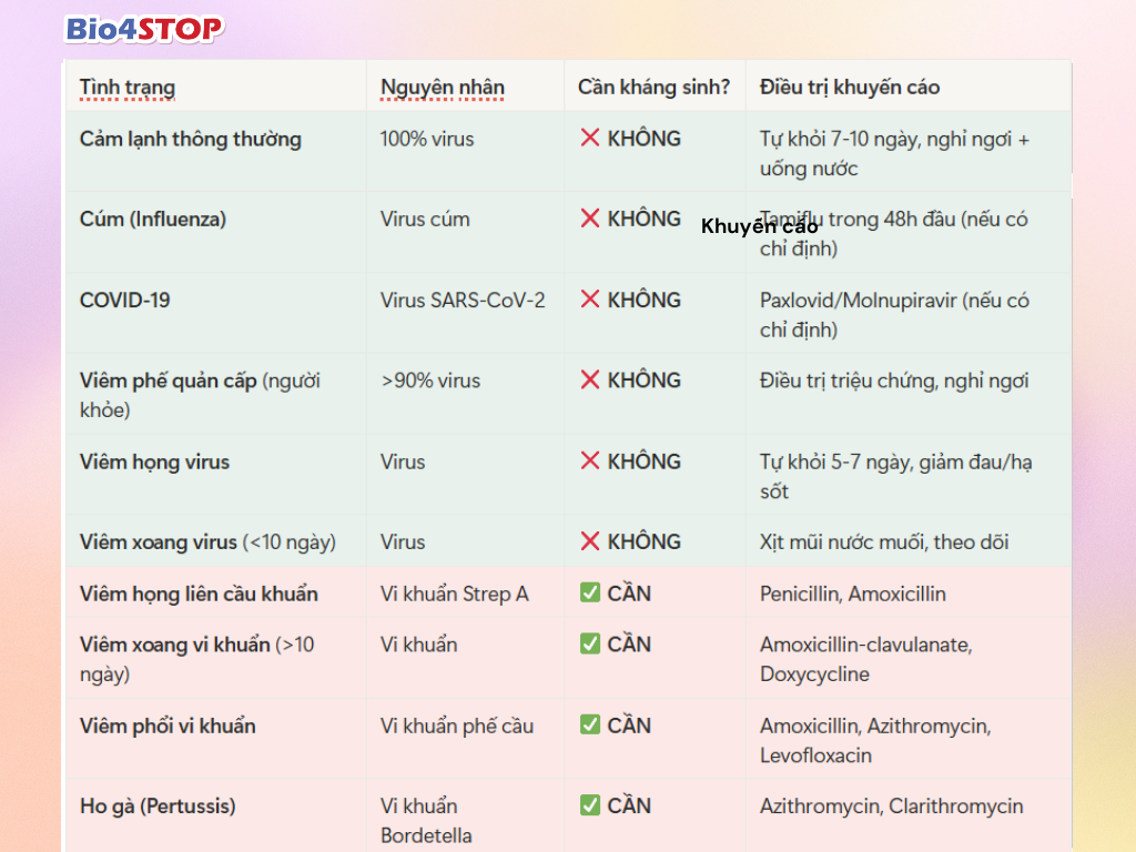 Bảng tổng hợp: Khi nào cần và không cần kháng sinh
