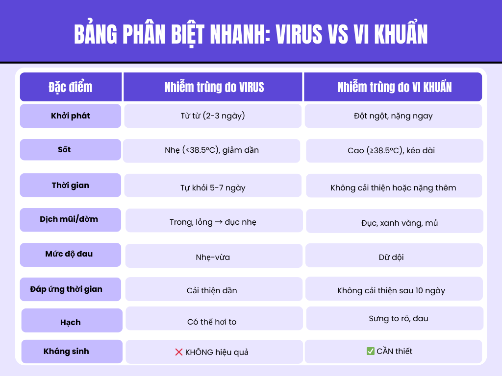 Bảng phân biệt nhanh: Virus vs Vi khuẩn