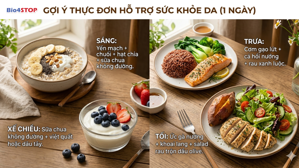 Gợi ý thực đơn hỗ trợ sức khỏe da (1 ngày):